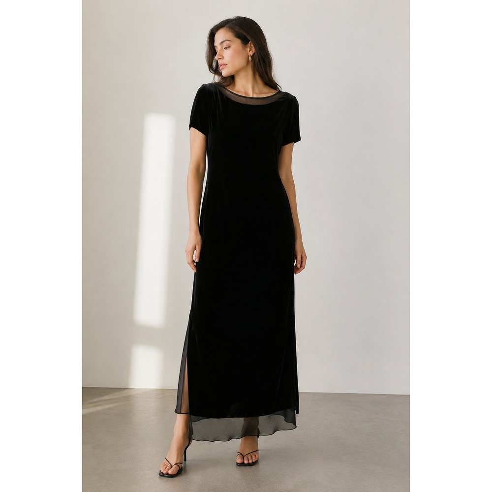 Dana B & Karen Black Velvet Silk Layered Maxi Dress 8 90s Minimalist Whimsigoth